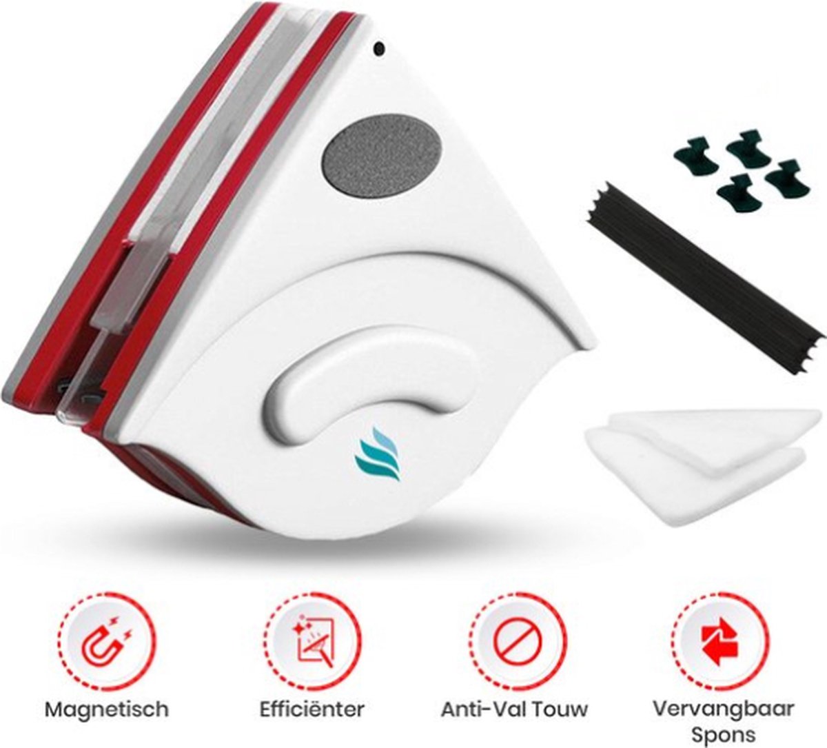 Magnetic window squeegee with replaceable sponge and anti-fall rope.