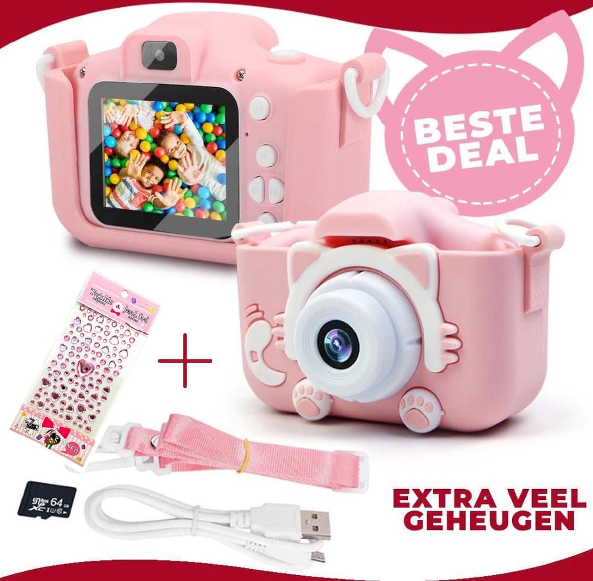 Roze kindercamera met extra geheugen en accessoires.