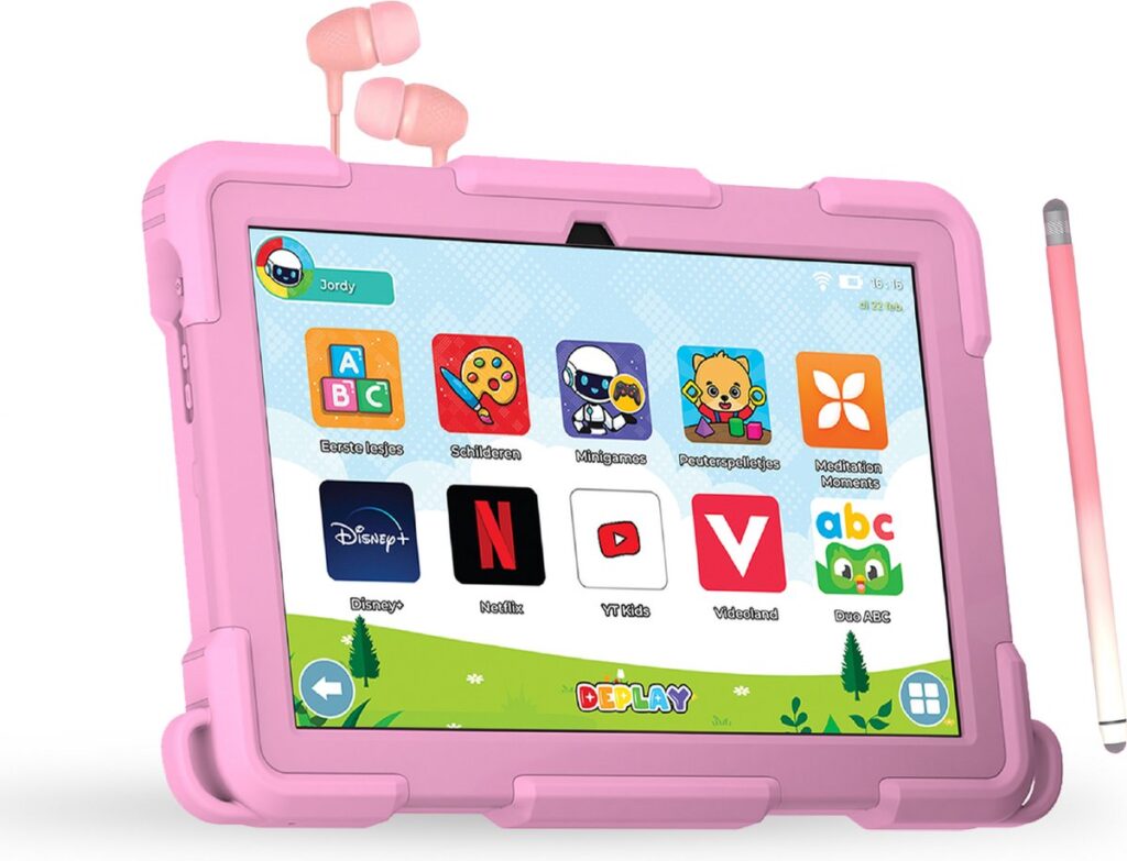 Roze kindertablet met leerapps en hoofdtelefoon