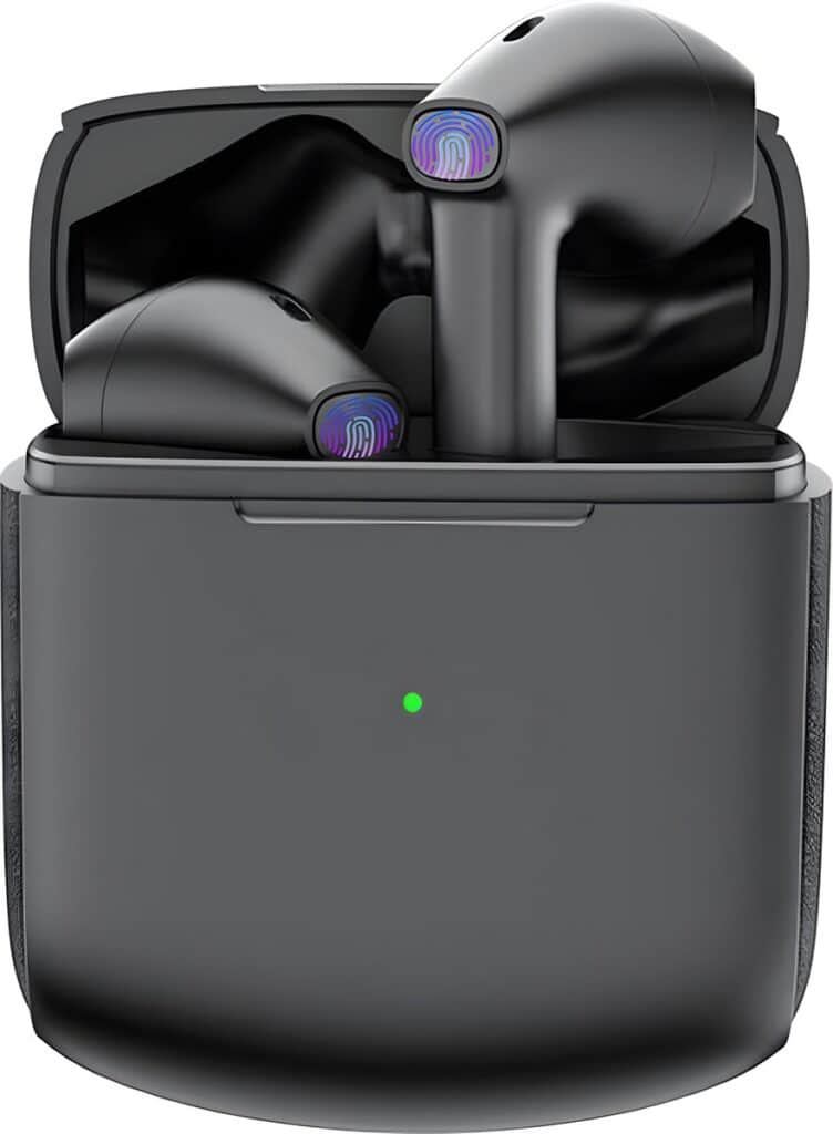 Draadloze oordopjes in oplaadcase met vingerafdruk herkenning.