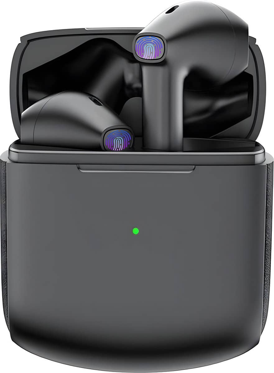Draadloze oordopjes in oplaadcase met vingerafdruk herkenning.