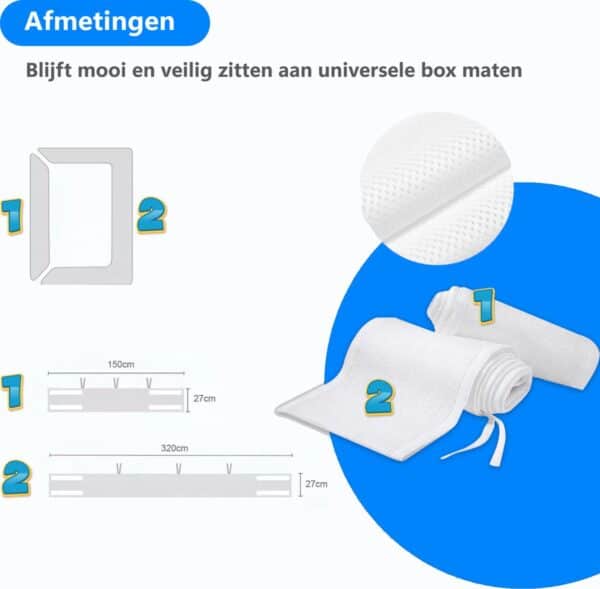 Kinderbed bumperafmetingen: 150x27cm en 320x27cm.
