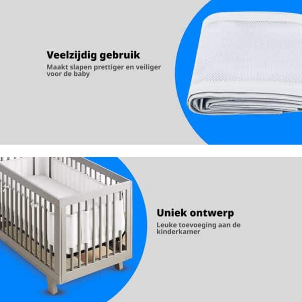 Babykamer met uniek ontworpen wieg en veilig bedtextiel.