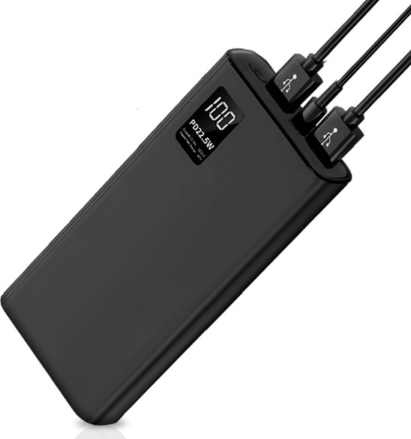 Zwarte powerbank met drie aangesloten kabels