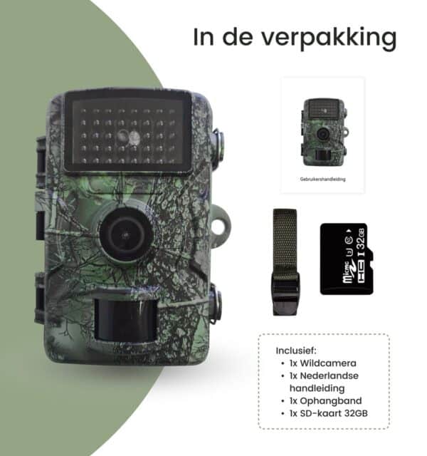 Wildcamera pakket met accessoires en handleiding.