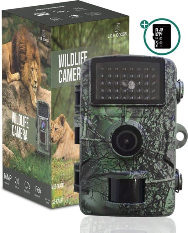 Wildlife camera met SD-kaart en camouflagehoes.