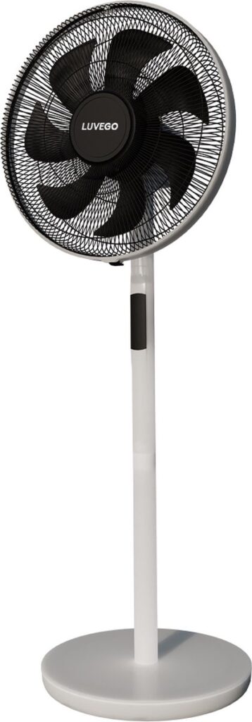 Staande ventilator met zwarte bladen en witte basis