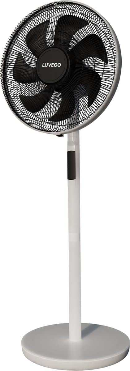 Staande ventilator met zwarte bladen en witte basis