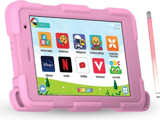 Kinder tablet met kleurrijke apps en stylus, roze hoesje