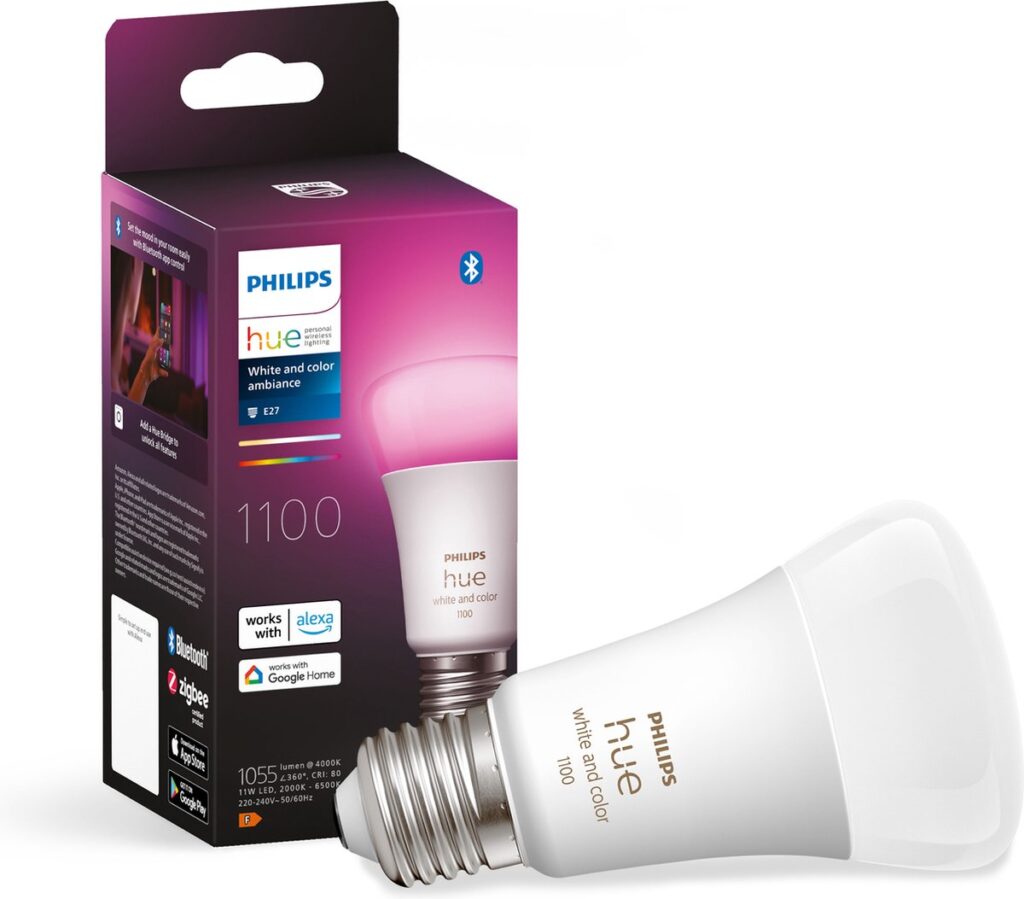 Philips Hue slimme lamp en verpakking, E27 fitting.