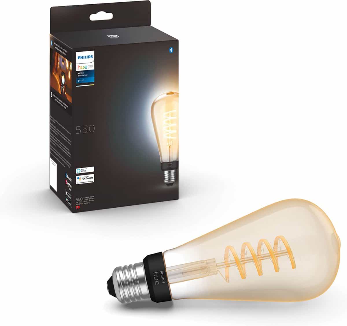 Philips slimme LED filamentlamp en verpakking