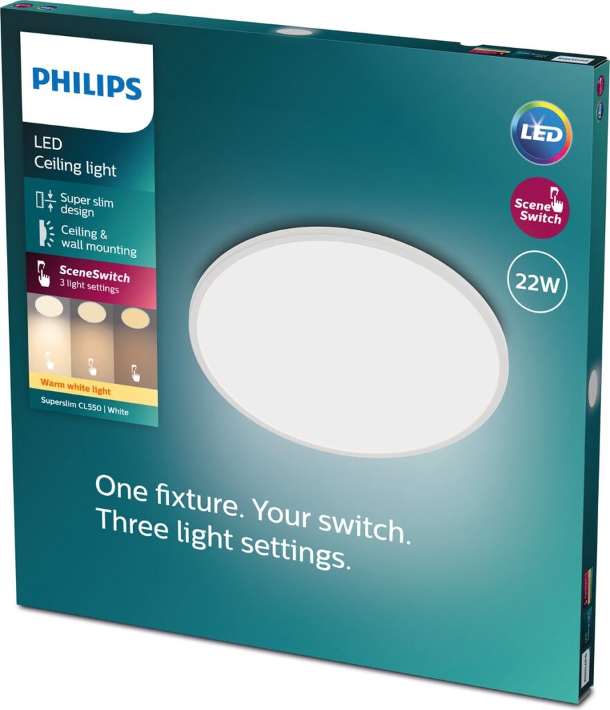 Philips LED plafondlamp met drie lichtinstellingen.