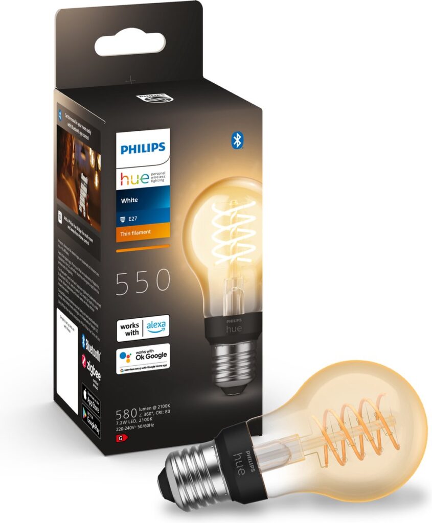 Philips Hue slimme filamentlamp met doos.