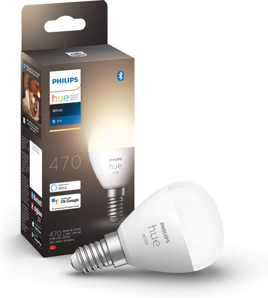 Philips Hue White slimme lamp en verpakking.