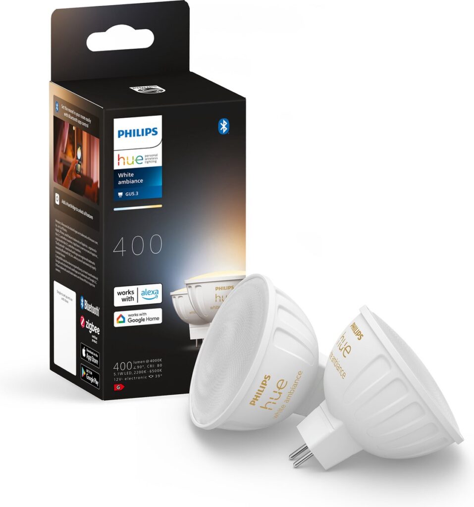Philips Hue lampen met verpakking, wit ambiance.