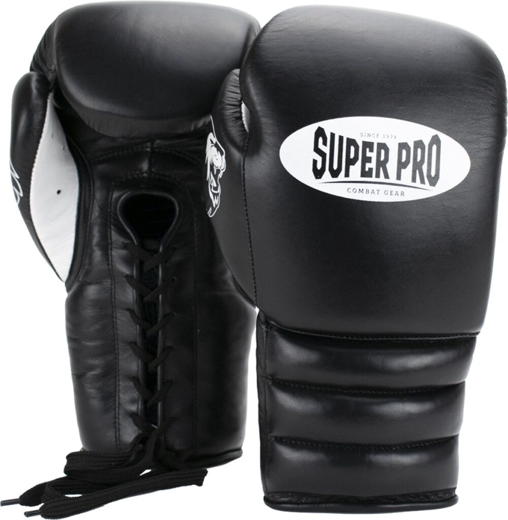 Black boxing gloves with laces, Super Pro logo visible.