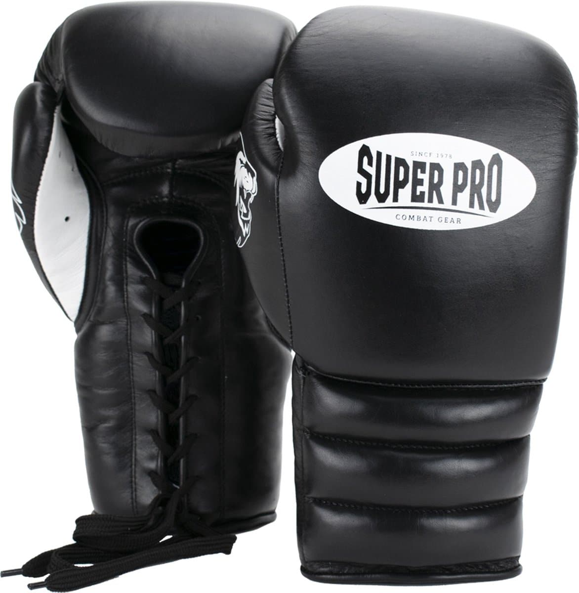 Black boxing gloves with laces, Super Pro logo visible.
