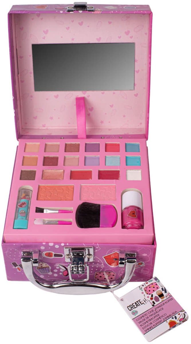 Roze make-upkoffer met spiegel en borstelset