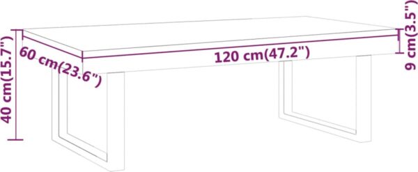 Schets tafel met afmetingen in centimeters en inches.