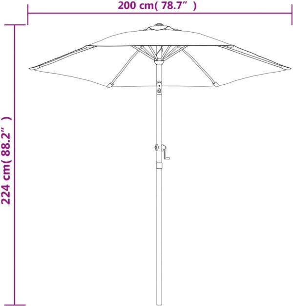 Afmetingen parasol: hoogte 224 cm, breedte 200 cm.