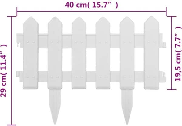 Witte plastic hekje met afmetingen in centimeters en inches.