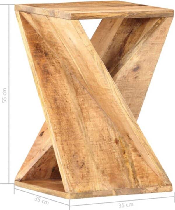 Houten kruk met X-vorm, afmetingen weergegeven.