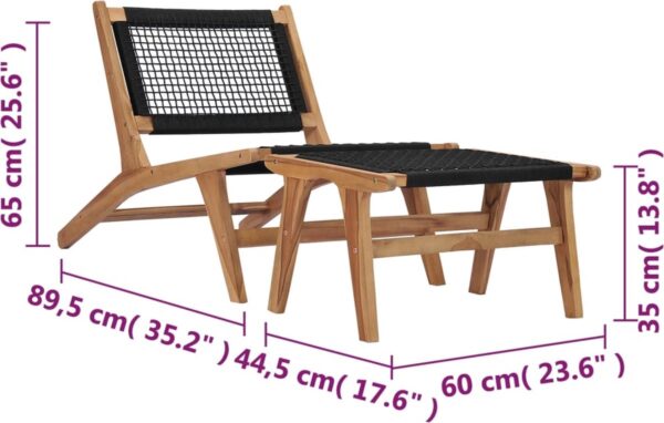 Houten stoel met zwart geweven zitting, afmetingen weergegeven.