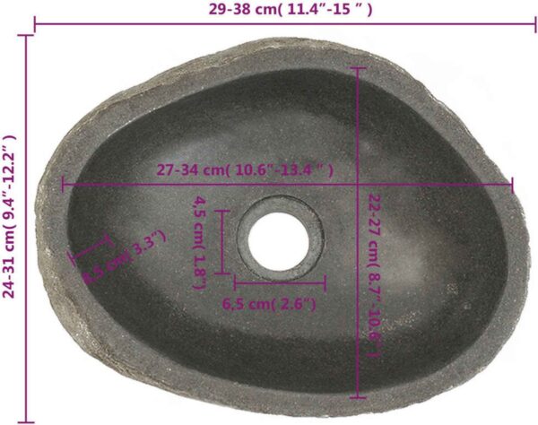 Afmetingen ovale stenen wastafel in centimeters.