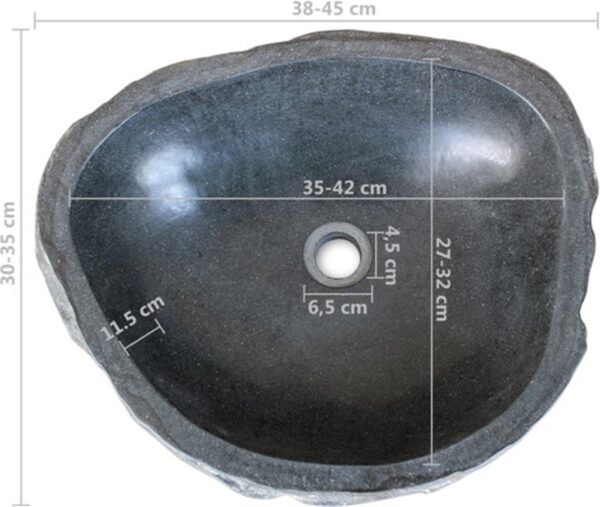 Afbeelding van natuursteen waskom met afmetingen.