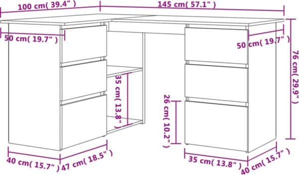 L-vormig bureau met afmetingen voor laden en planken.