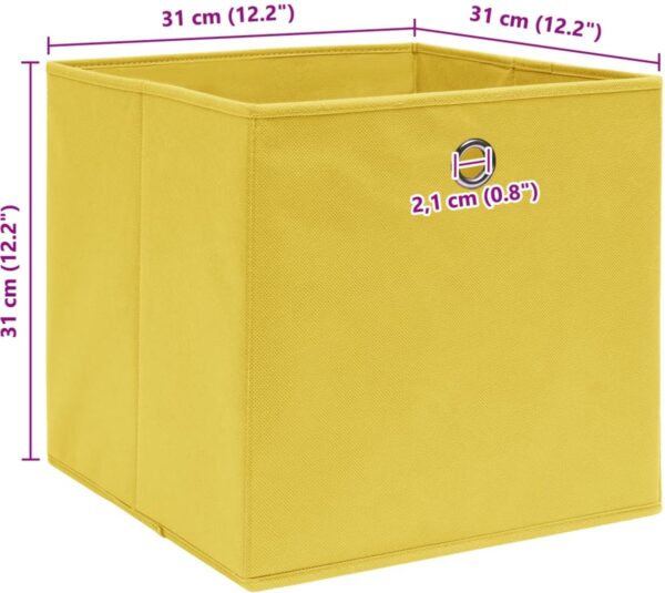 Gele opbergbox met afmetingen 31x31x31 cm.