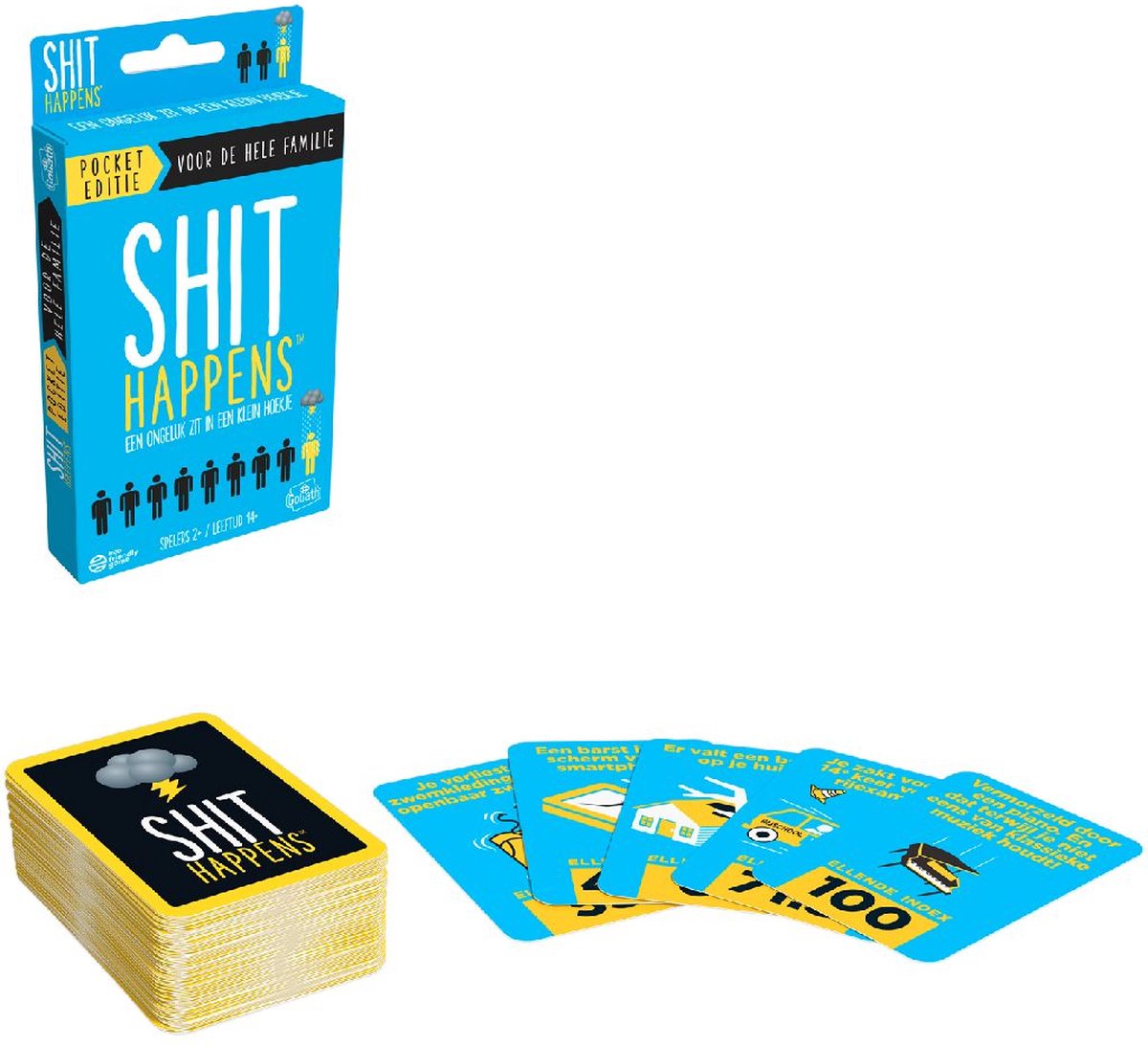 Spel Shit Happens met kaartendeck en doos.