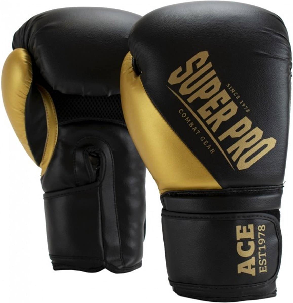 Black and gold boxing gloves with branding.