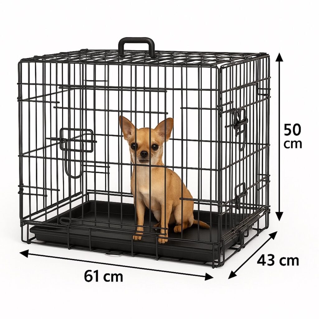 Hond in hondenbench met afmetingen 61x43x50 cm.