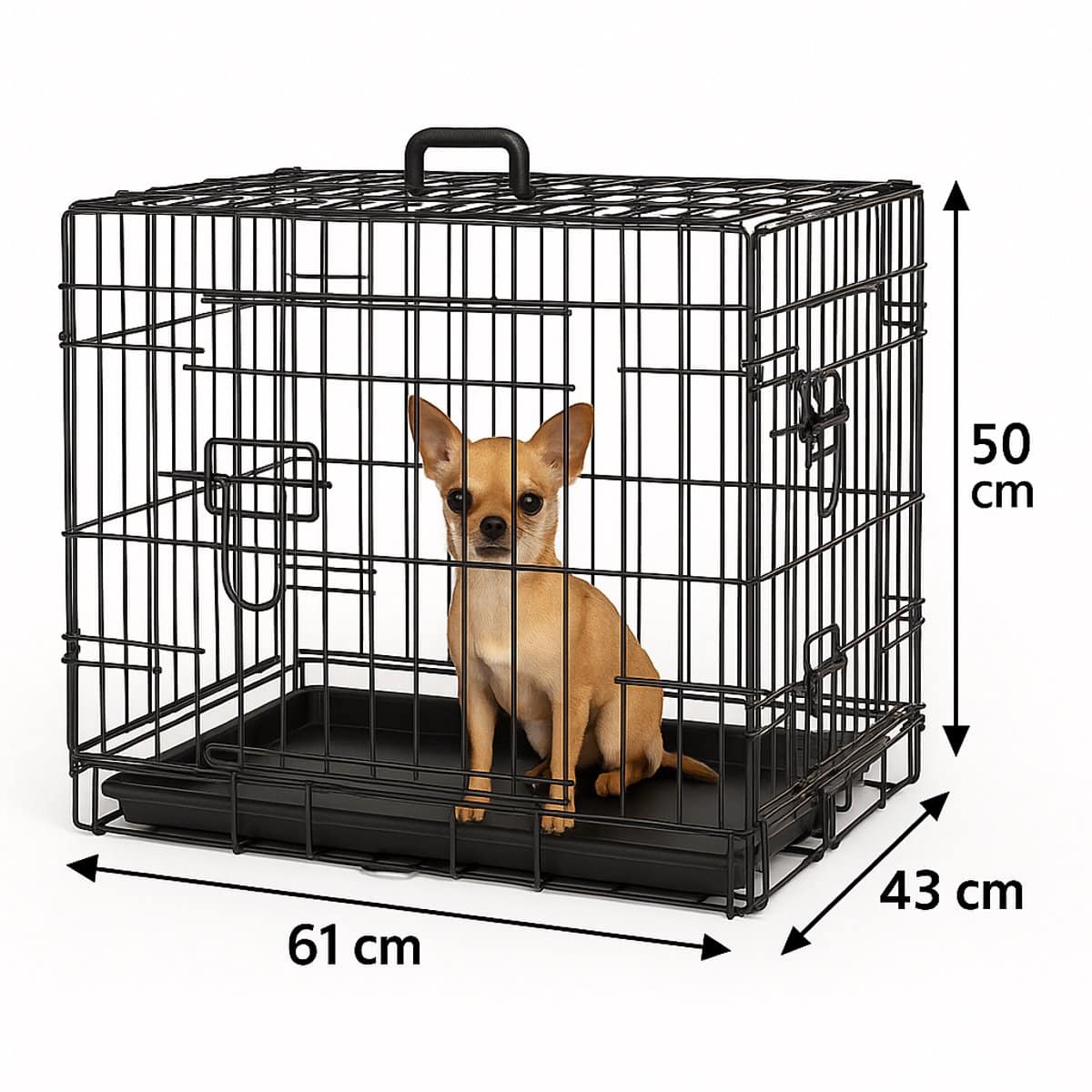Hond in hondenbench met afmetingen 61x43x50 cm.