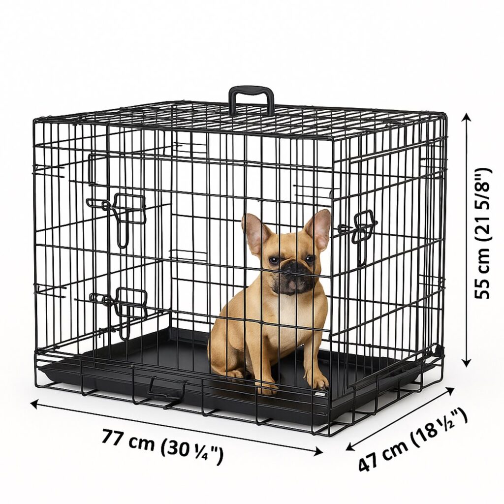 Hond zit in metalen bench met afmetingen.