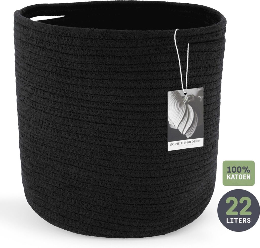 Zwarte katoenen mand 22 liter met label