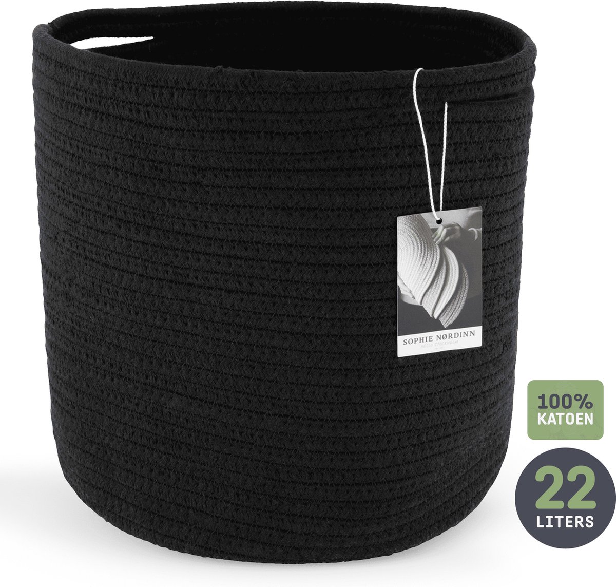 Zwarte katoenen mand 22 liter met label