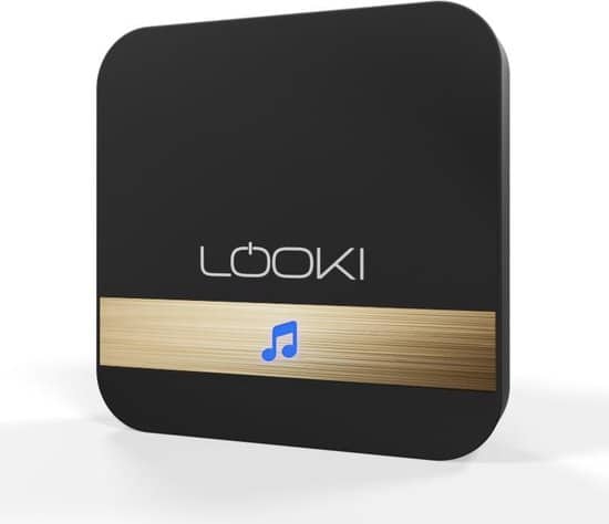 Looki zwarte muziekspeler met gouden accent en notenlogo.