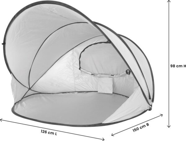 Opvouwbare strandtent met afmetingen: 126x150x98 cm.