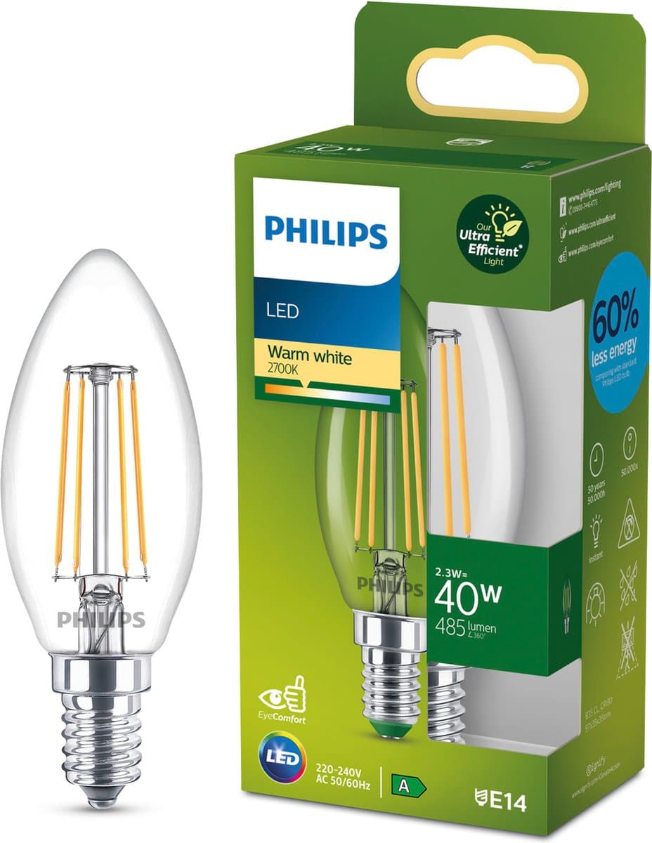 Philips LED lamp verpakking met warm wit licht.