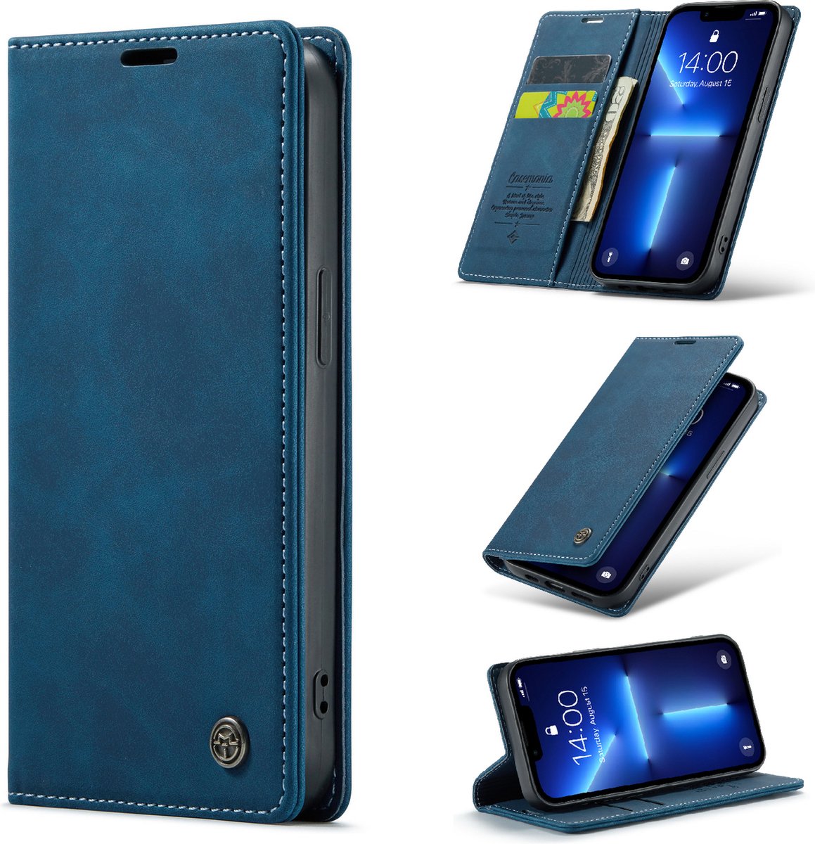 Blauwe leren wallet telefoonhoes met standaardfunctie
