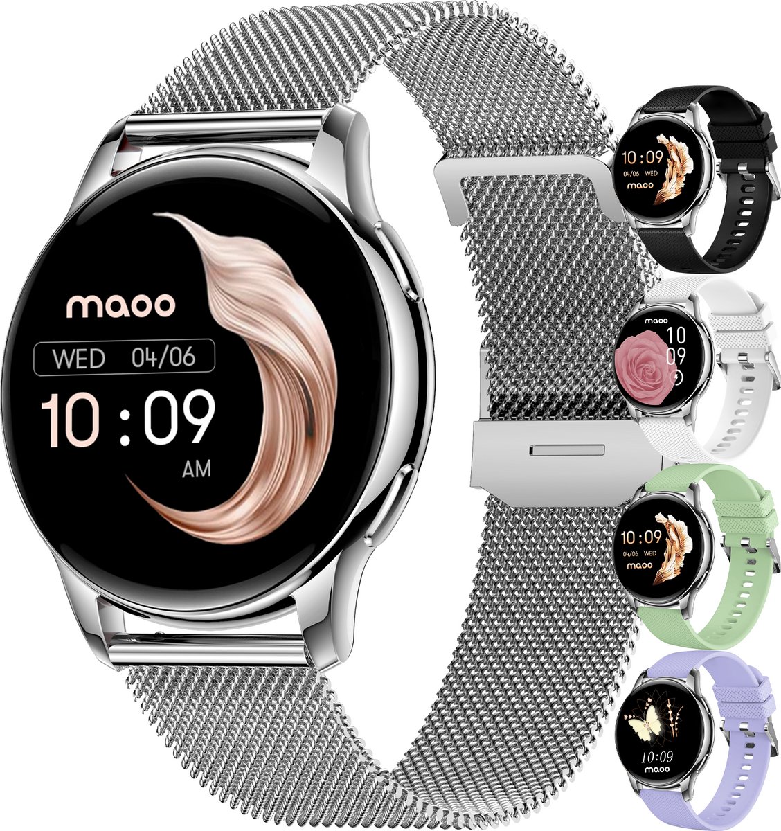 Moderne smartwatches met verwisselbare bandjes in diverse kleuren.