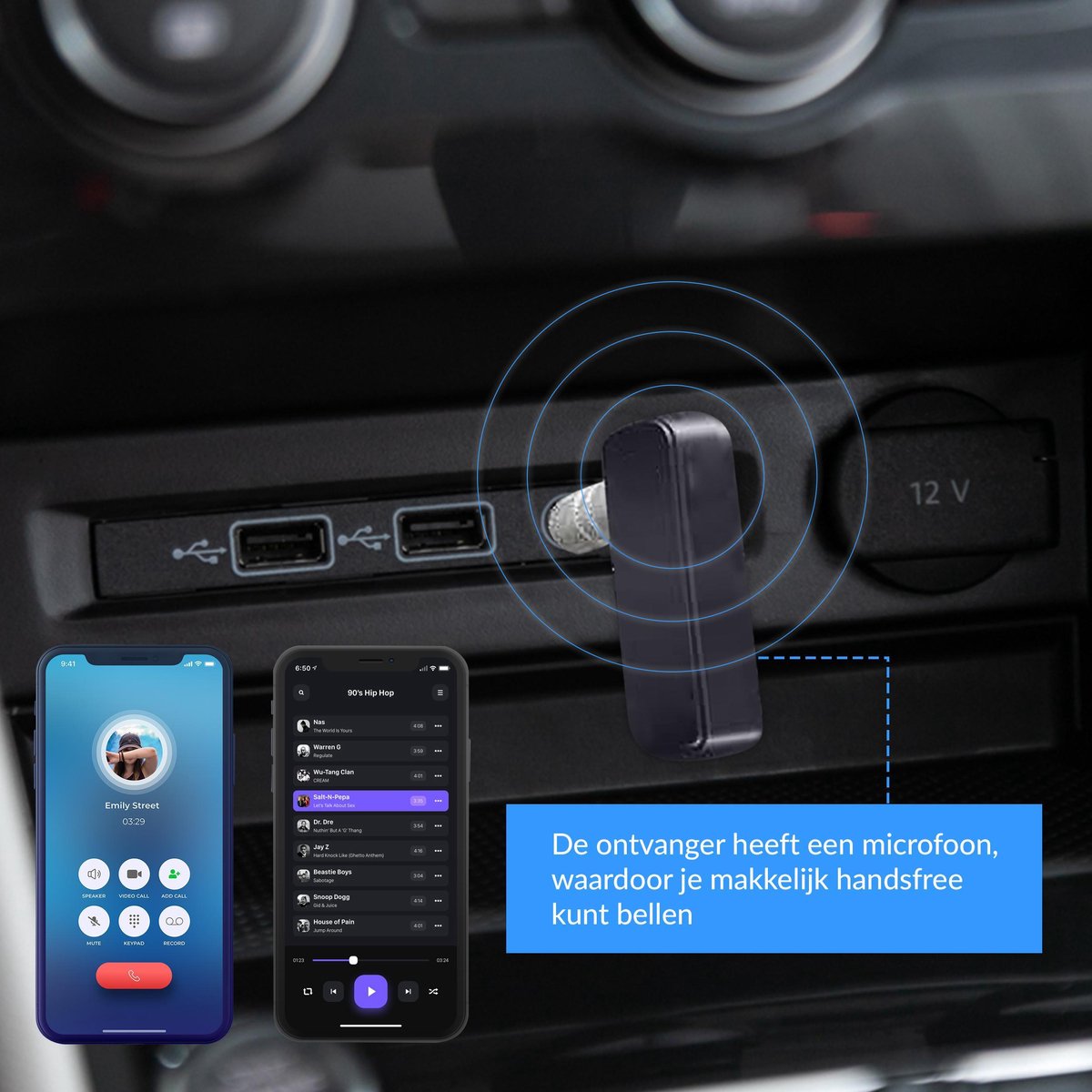 Bluetooth ontvanger in auto met USB en 12V