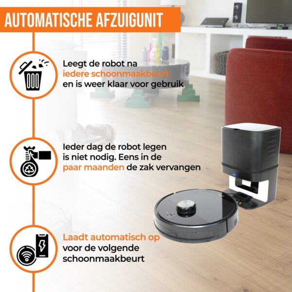 Automatische afzuigunit voor robotstofzuiger, zelfreinigend en oplaadbaar.