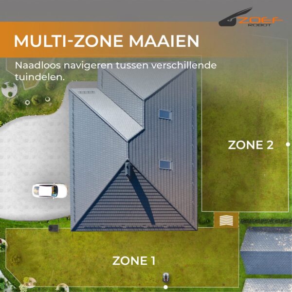 Luchtfoto huis met zones voor multi-zone maaien.