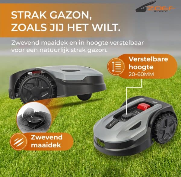 Robotmaaier met verstelbare hoogte en zwevend maaidek.