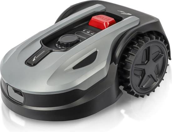 Grijze robotmaaier met knoppen en grote wielen