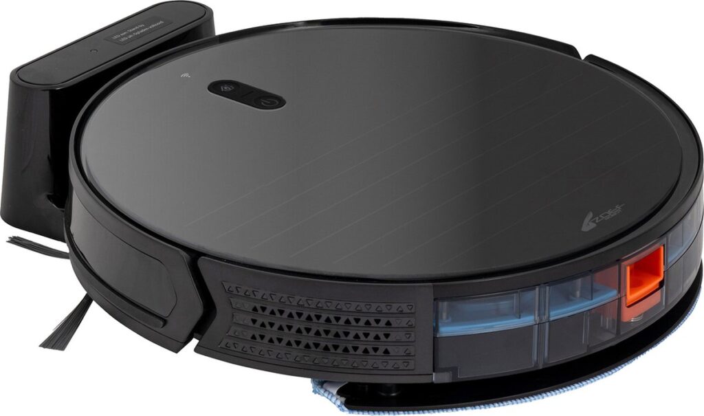 Zwarte robotstofzuiger met laadstation op witte achtergrond.