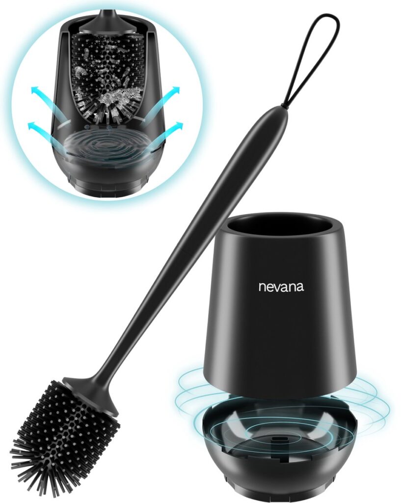 Zwarte siliconen wc-borstel en houder, waterdichting weergegeven.